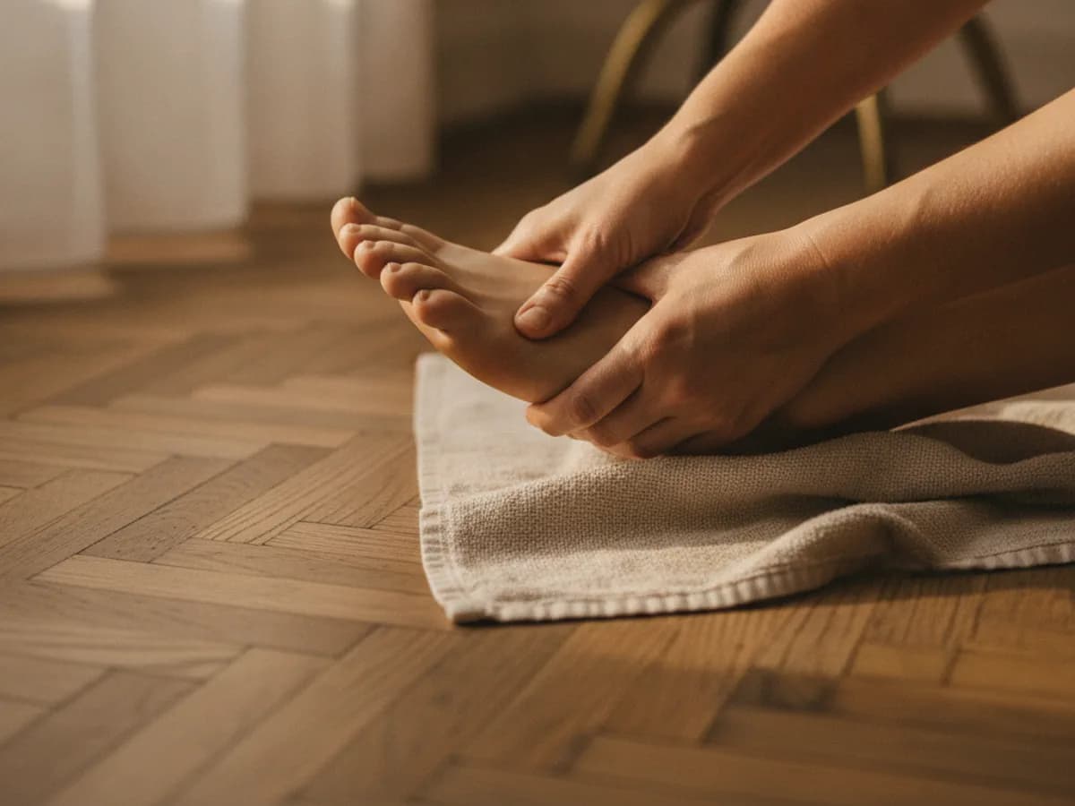 Hände bei einer Fußmassage auf einem gefalteten Leinentuch