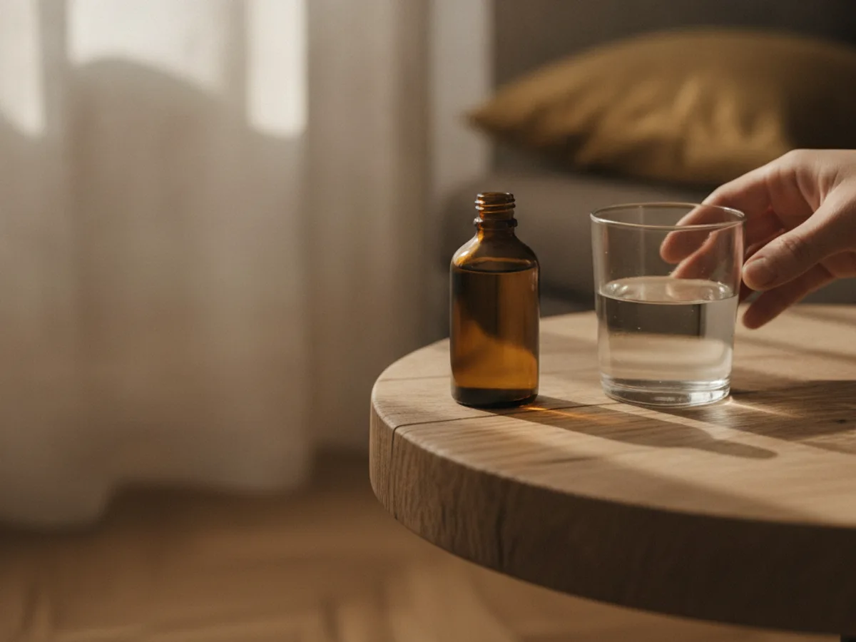 Flasche Massageöl und ein Glas Wasser auf einem Holztisch