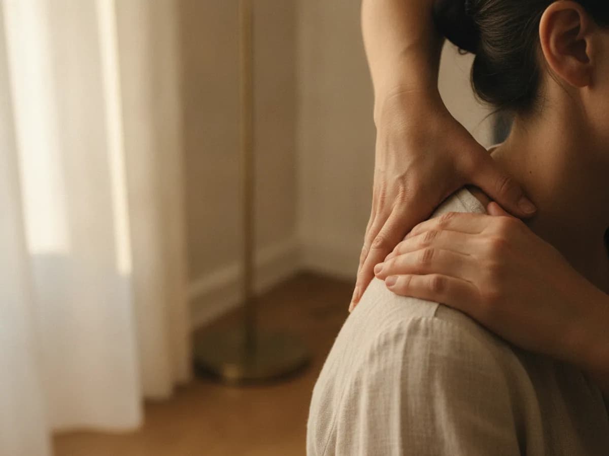 Hände beginnen eine achtsame Massage an Schulter und Nacken